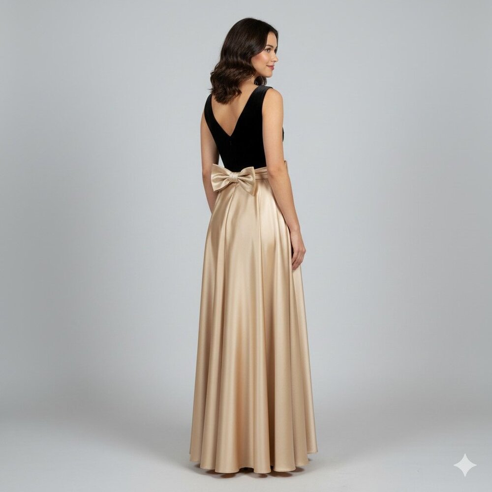 Vintage 90s Jessica McClintock Black Velvet & Champagne Satin Maxi Dress Gown S